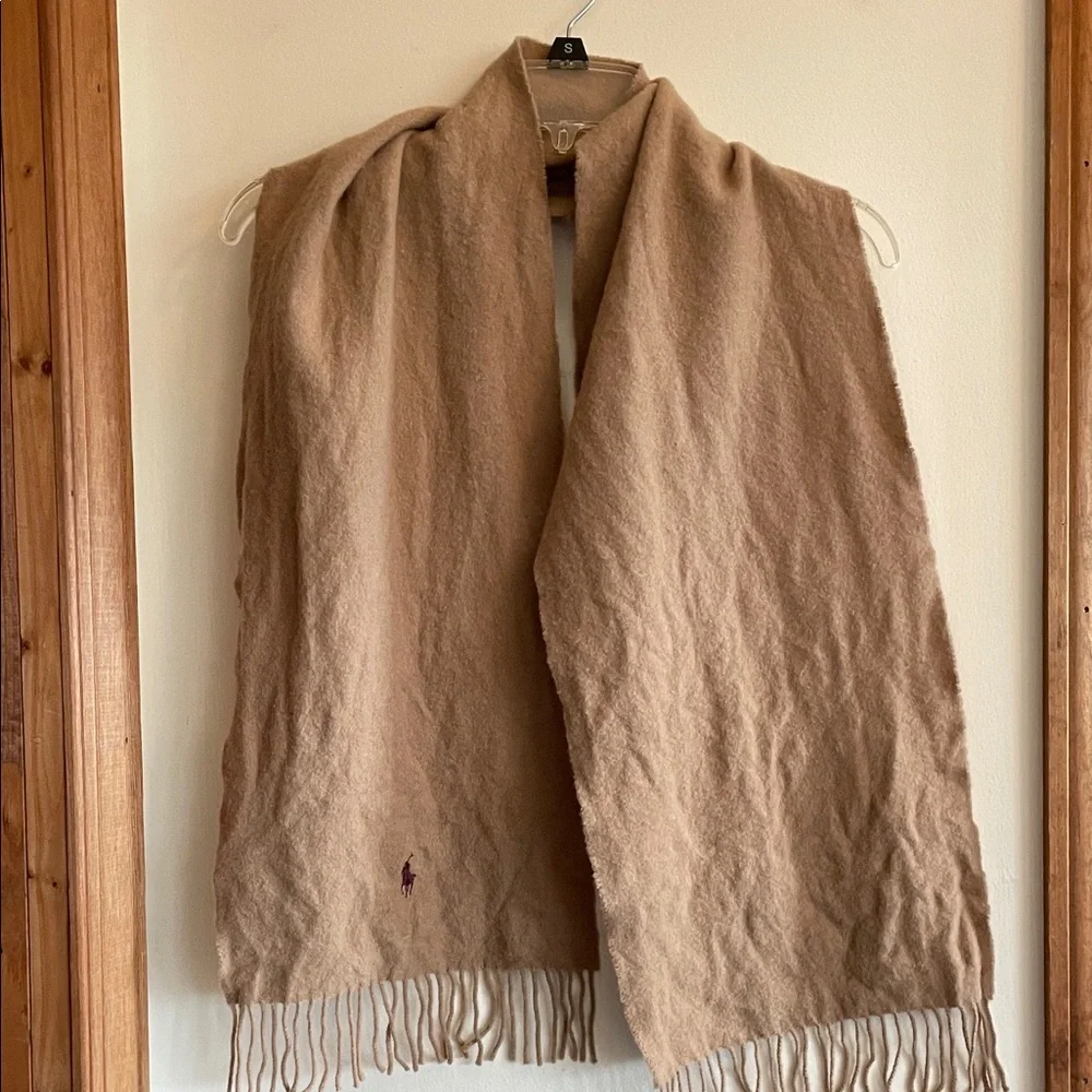 POLO RALPH LAUREN Camel Fringe Lambswool Scarf Vintage